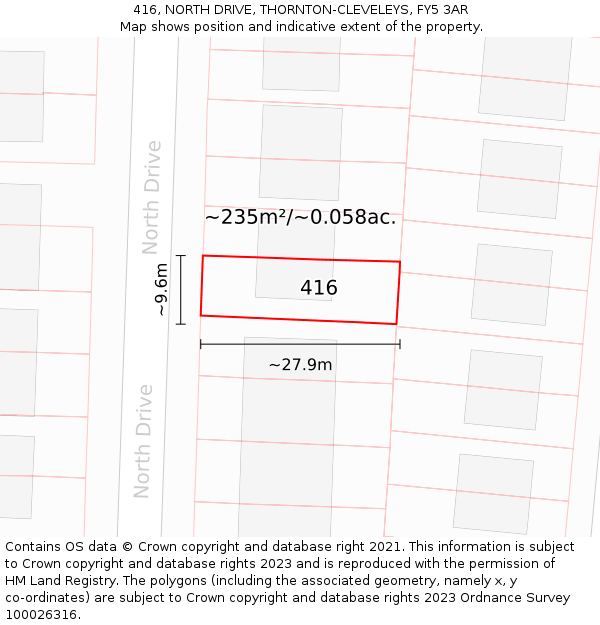 416, NORTH DRIVE, THORNTON-CLEVELEYS, FY5 3AR: Plot and title map