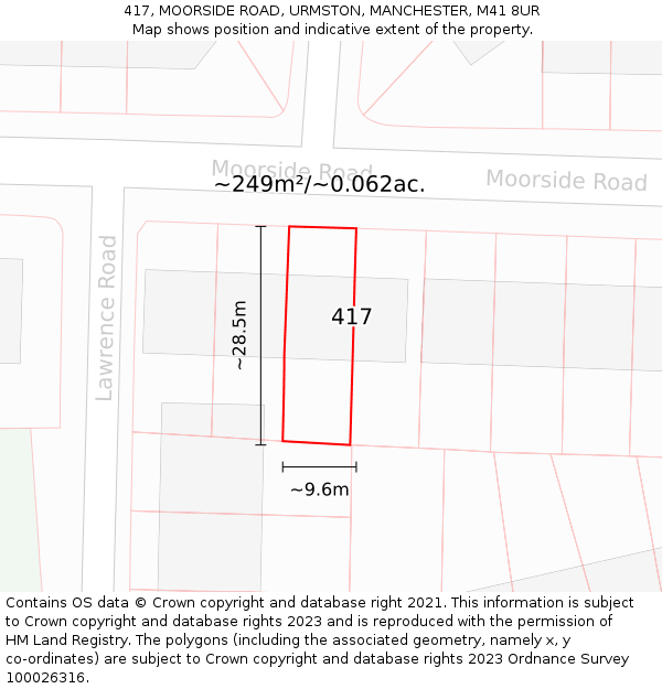 417, MOORSIDE ROAD, URMSTON, MANCHESTER, M41 8UR: Plot and title map