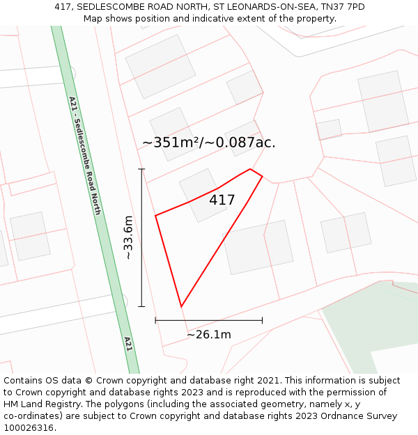 417, SEDLESCOMBE ROAD NORTH, ST LEONARDS-ON-SEA, TN37 7PD: Plot and title map