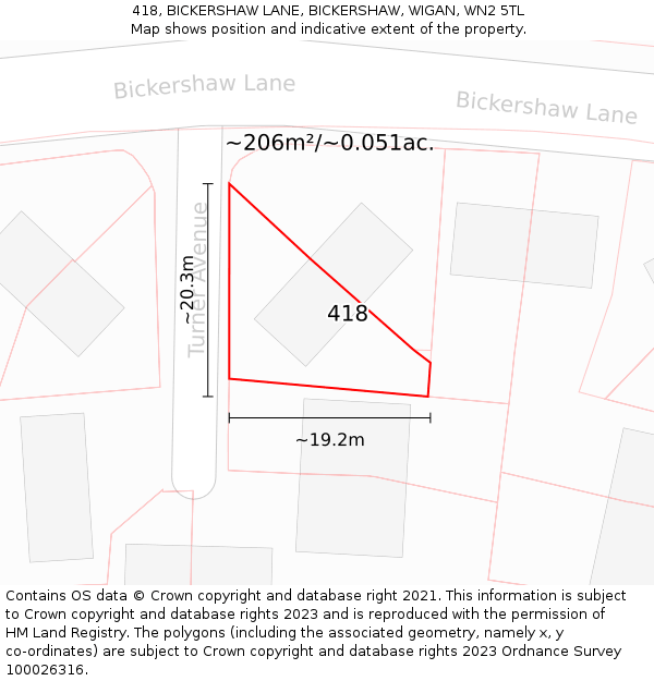 418, BICKERSHAW LANE, BICKERSHAW, WIGAN, WN2 5TL: Plot and title map