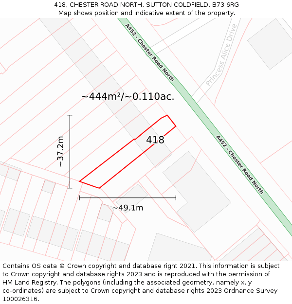 418, CHESTER ROAD NORTH, SUTTON COLDFIELD, B73 6RG: Plot and title map