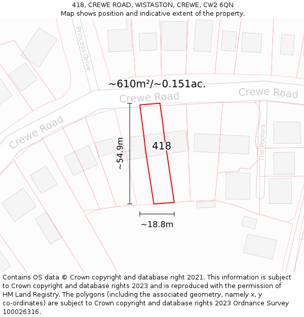 418, CREWE ROAD, WISTASTON, CREWE, CW2 6QN: Plot and title map