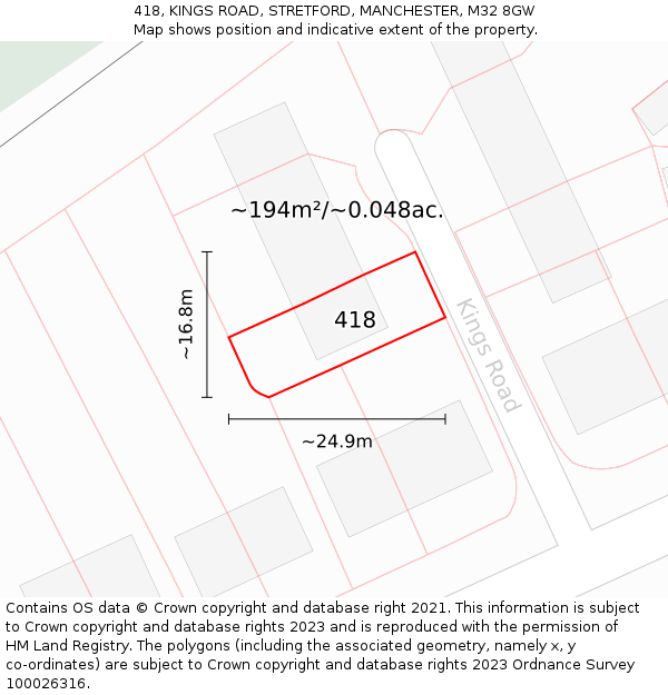 418, KINGS ROAD, STRETFORD, MANCHESTER, M32 8GW: Plot and title map