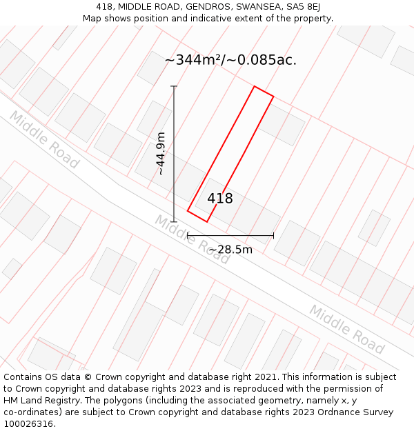 418, MIDDLE ROAD, GENDROS, SWANSEA, SA5 8EJ: Plot and title map