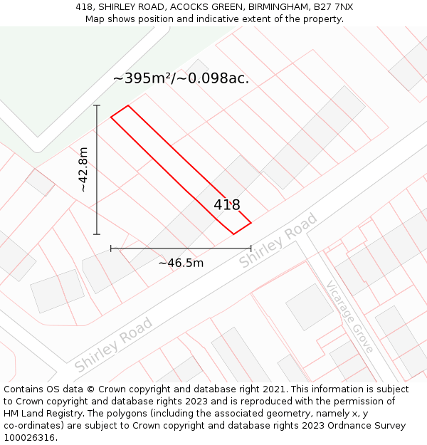 418, SHIRLEY ROAD, ACOCKS GREEN, BIRMINGHAM, B27 7NX: Plot and title map