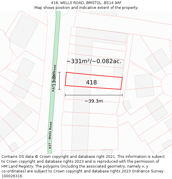 418, WELLS ROAD, BRISTOL, BS14 9AF: Plot and title map