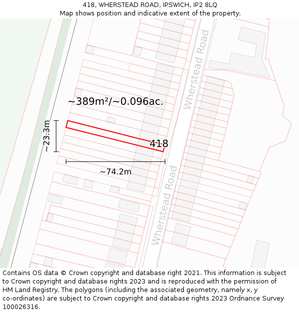 418, WHERSTEAD ROAD, IPSWICH, IP2 8LQ: Plot and title map