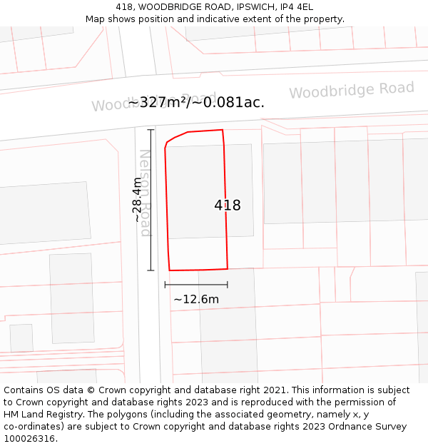 418, WOODBRIDGE ROAD, IPSWICH, IP4 4EL: Plot and title map