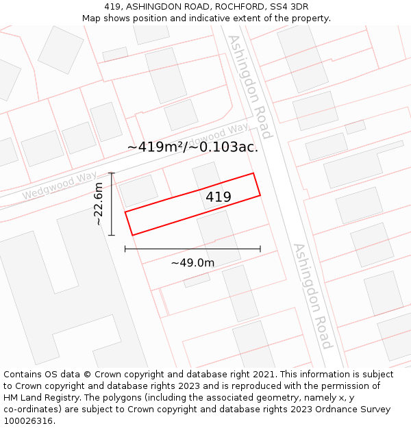 419, ASHINGDON ROAD, ROCHFORD, SS4 3DR: Plot and title map