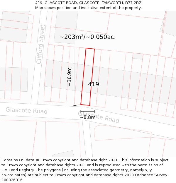 419, GLASCOTE ROAD, GLASCOTE, TAMWORTH, B77 2BZ: Plot and title map