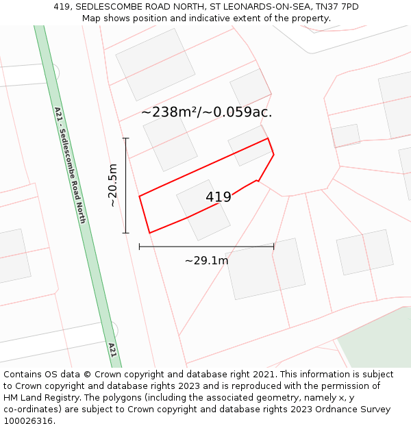 419, SEDLESCOMBE ROAD NORTH, ST LEONARDS-ON-SEA, TN37 7PD: Plot and title map