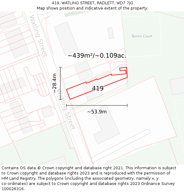 419, WATLING STREET, RADLETT, WD7 7JG: Plot and title map