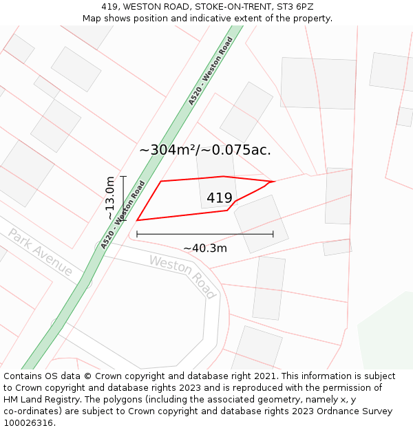 419, WESTON ROAD, STOKE-ON-TRENT, ST3 6PZ: Plot and title map