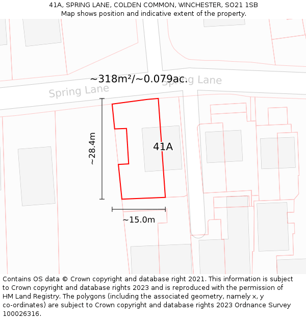41A, SPRING LANE, COLDEN COMMON, WINCHESTER, SO21 1SB: Plot and title map