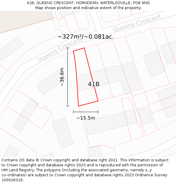 41B, QUEENS CRESCENT, HORNDEAN, WATERLOOVILLE, PO8 9ND: Plot and title map