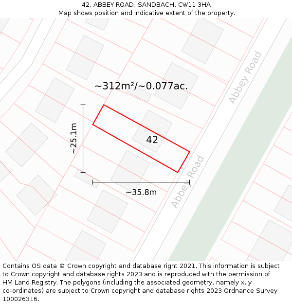 42, ABBEY ROAD, SANDBACH, CW11 3HA: Plot and title map