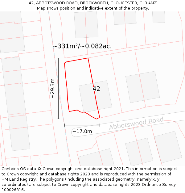 42, ABBOTSWOOD ROAD, BROCKWORTH, GLOUCESTER, GL3 4NZ: Plot and title map