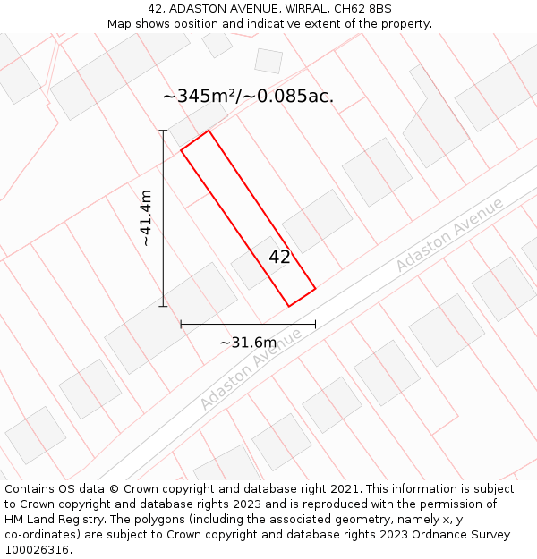 42, ADASTON AVENUE, WIRRAL, CH62 8BS: Plot and title map