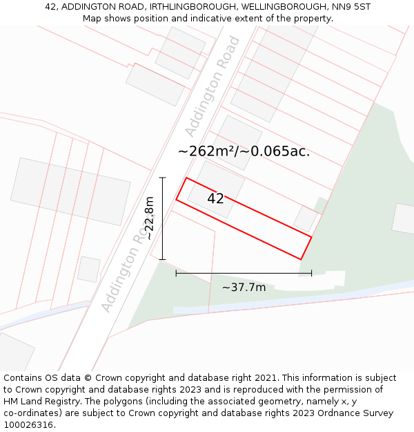 42, ADDINGTON ROAD, IRTHLINGBOROUGH, WELLINGBOROUGH, NN9 5ST: Plot and title map