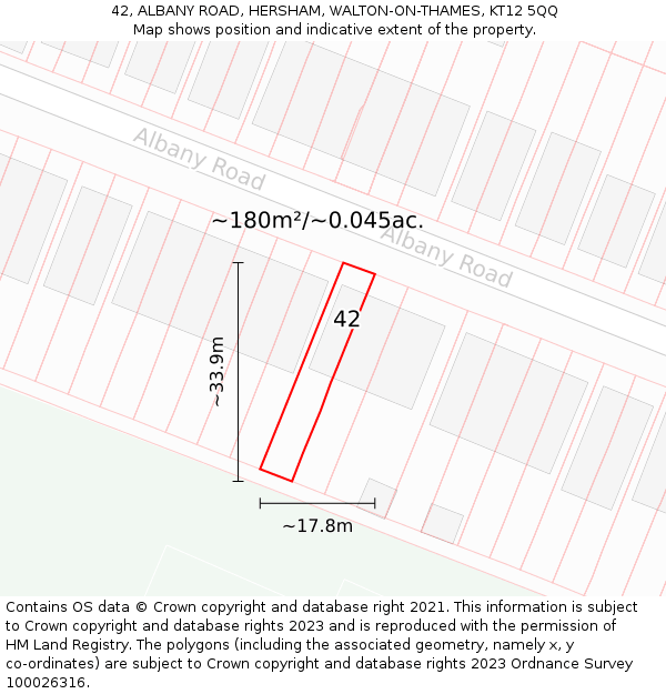 42, ALBANY ROAD, HERSHAM, WALTON-ON-THAMES, KT12 5QQ: Plot and title map