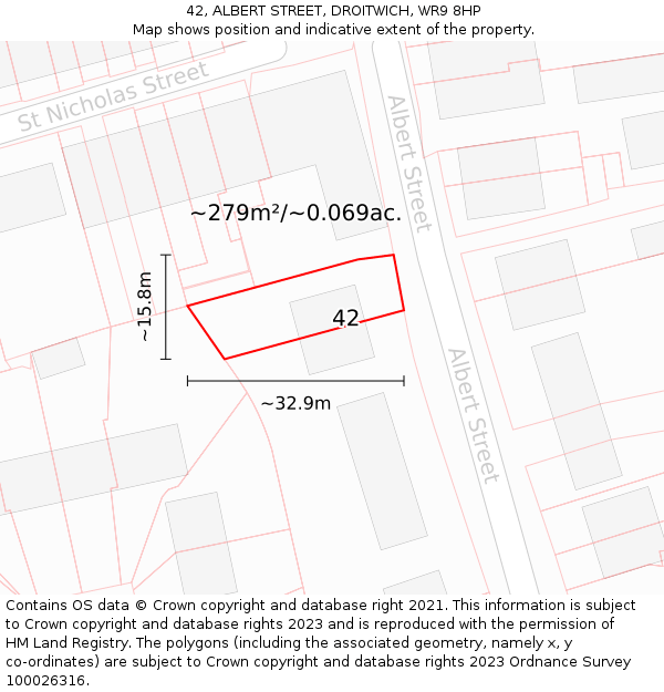 42, ALBERT STREET, DROITWICH, WR9 8HP: Plot and title map