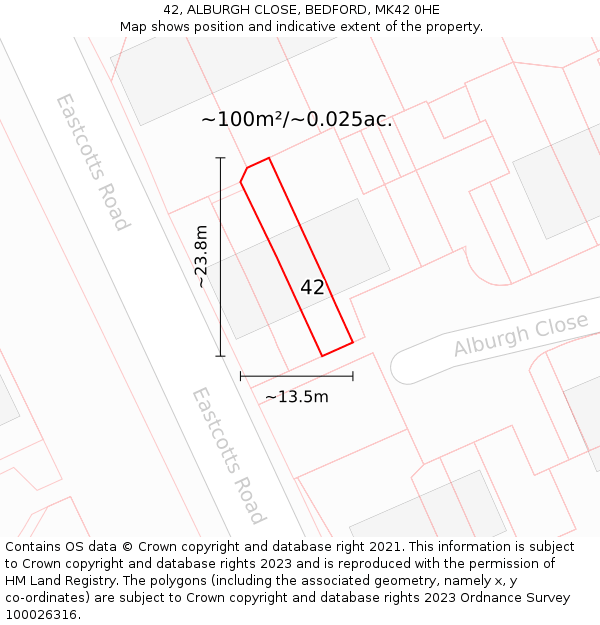 42, ALBURGH CLOSE, BEDFORD, MK42 0HE: Plot and title map