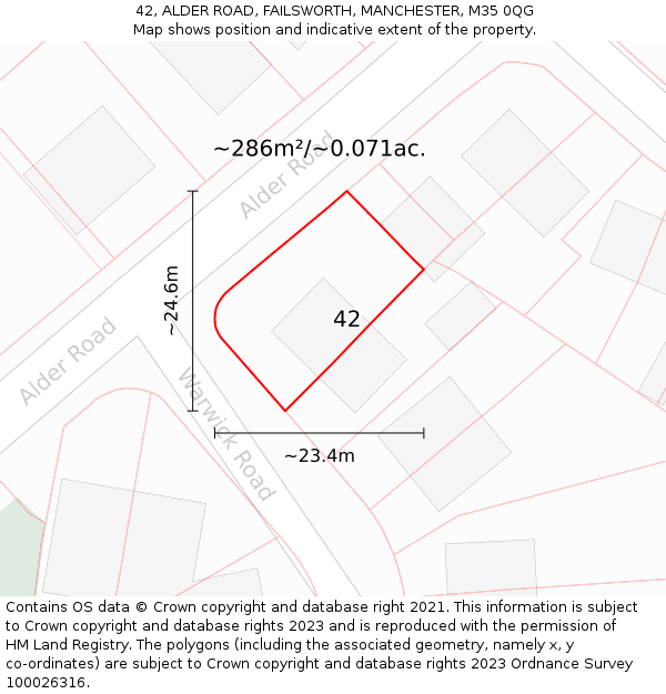 42, ALDER ROAD, FAILSWORTH, MANCHESTER, M35 0QG: Plot and title map