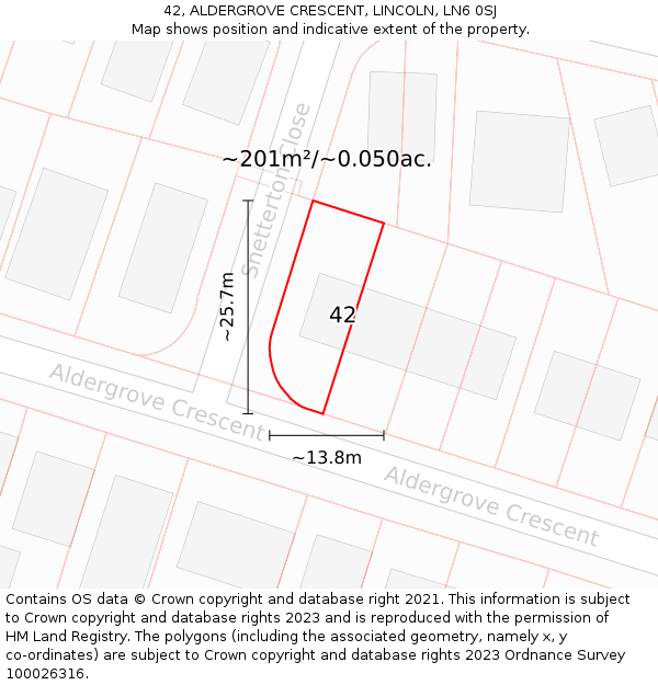 42, ALDERGROVE CRESCENT, LINCOLN, LN6 0SJ: Plot and title map