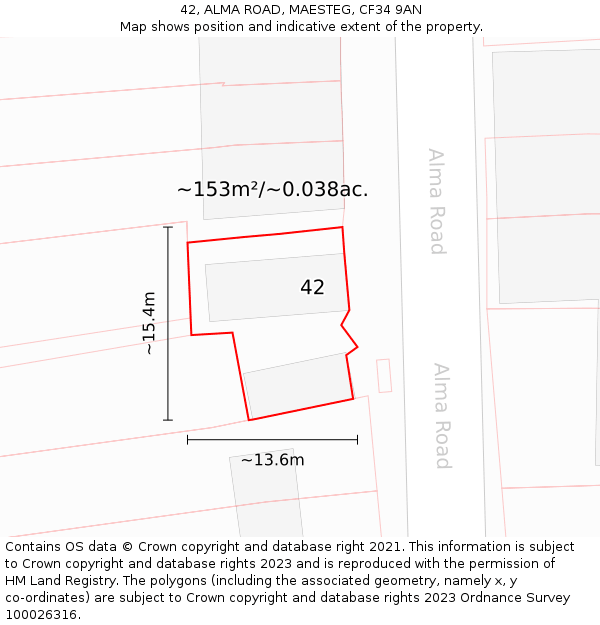 42, ALMA ROAD, MAESTEG, CF34 9AN: Plot and title map