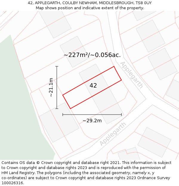 42, APPLEGARTH, COULBY NEWHAM, MIDDLESBROUGH, TS8 0UY: Plot and title map