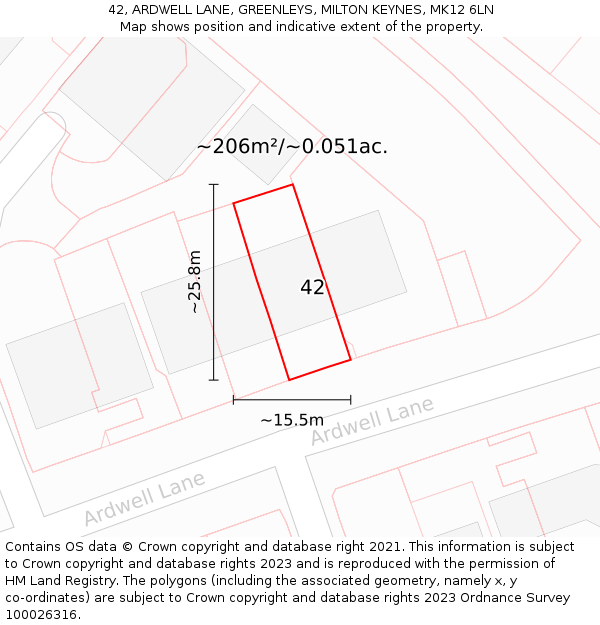 42, ARDWELL LANE, GREENLEYS, MILTON KEYNES, MK12 6LN: Plot and title map