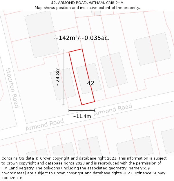 42, ARMOND ROAD, WITHAM, CM8 2HA: Plot and title map