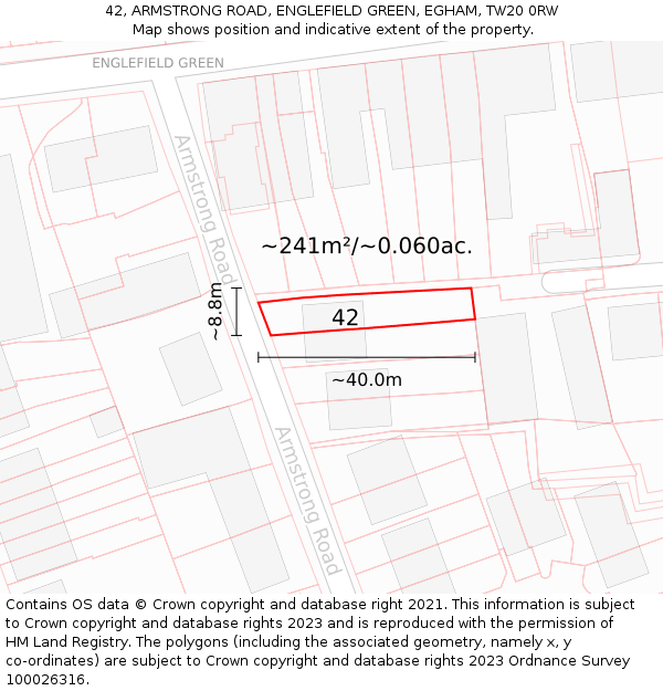 42, ARMSTRONG ROAD, ENGLEFIELD GREEN, EGHAM, TW20 0RW: Plot and title map
