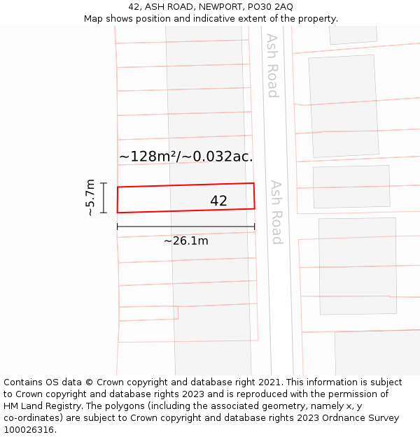 42, ASH ROAD, NEWPORT, PO30 2AQ: Plot and title map