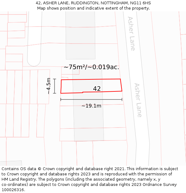 42, ASHER LANE, RUDDINGTON, NOTTINGHAM, NG11 6HS: Plot and title map