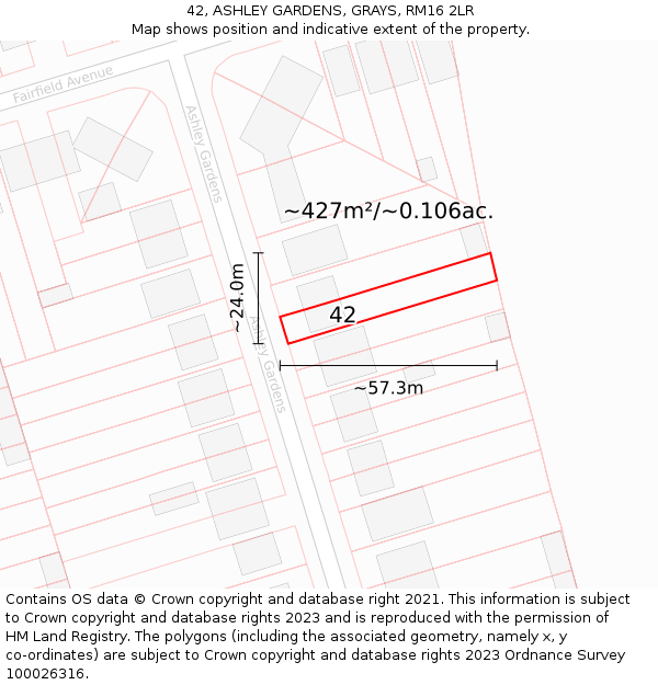 42, ASHLEY GARDENS, GRAYS, RM16 2LR: Plot and title map