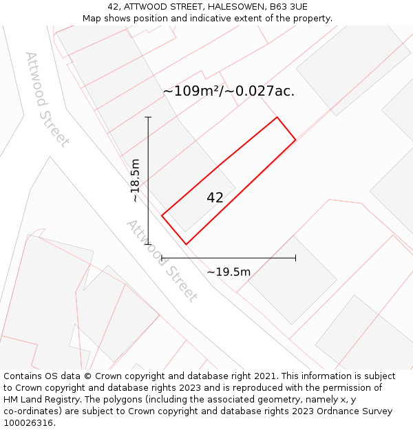 42, ATTWOOD STREET, HALESOWEN, B63 3UE: Plot and title map