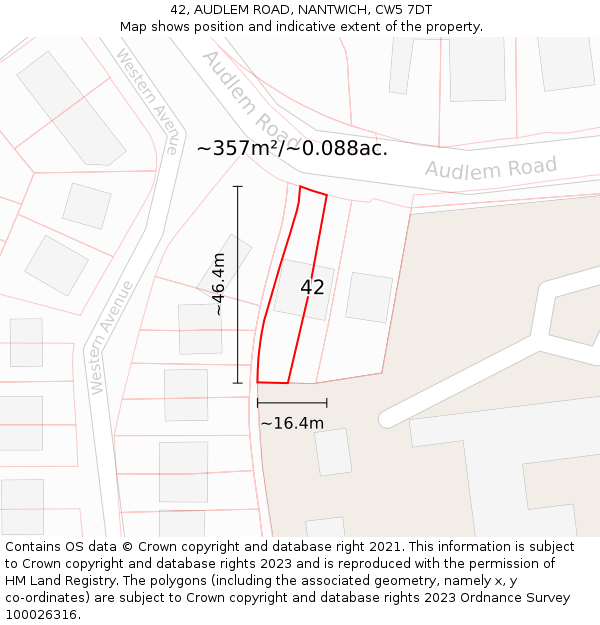 42, AUDLEM ROAD, NANTWICH, CW5 7DT: Plot and title map