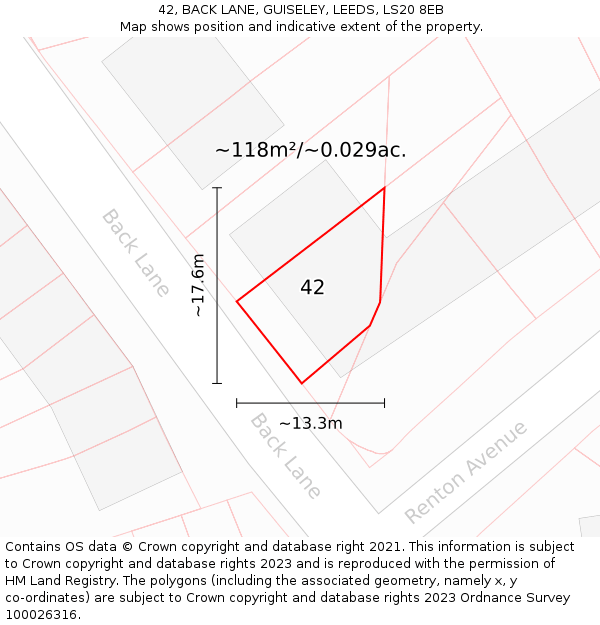 42, BACK LANE, GUISELEY, LEEDS, LS20 8EB: Plot and title map