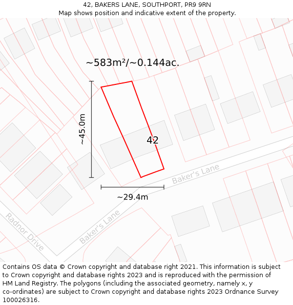 42, BAKERS LANE, SOUTHPORT, PR9 9RN: Plot and title map