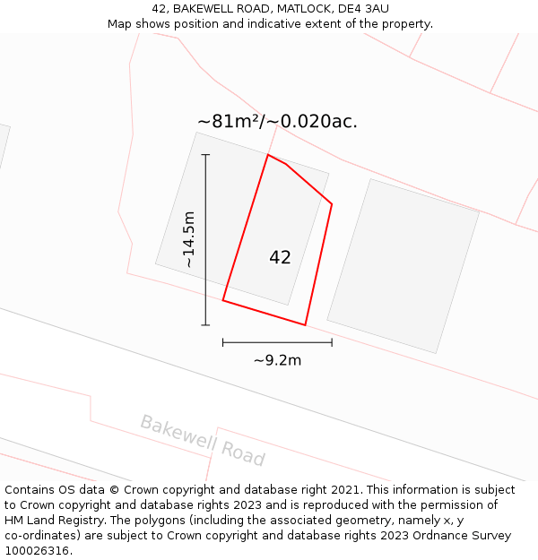 42, BAKEWELL ROAD, MATLOCK, DE4 3AU: Plot and title map