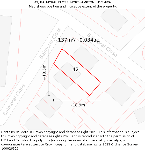 42, BALMORAL CLOSE, NORTHAMPTON, NN5 4WA: Plot and title map