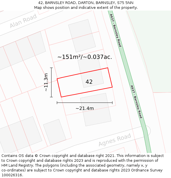 42, BARNSLEY ROAD, DARTON, BARNSLEY, S75 5NN: Plot and title map