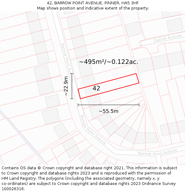 42, BARROW POINT AVENUE, PINNER, HA5 3HF: Plot and title map