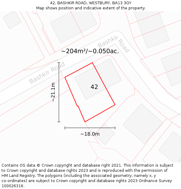 42, BASHKIR ROAD, WESTBURY, BA13 3GY: Plot and title map