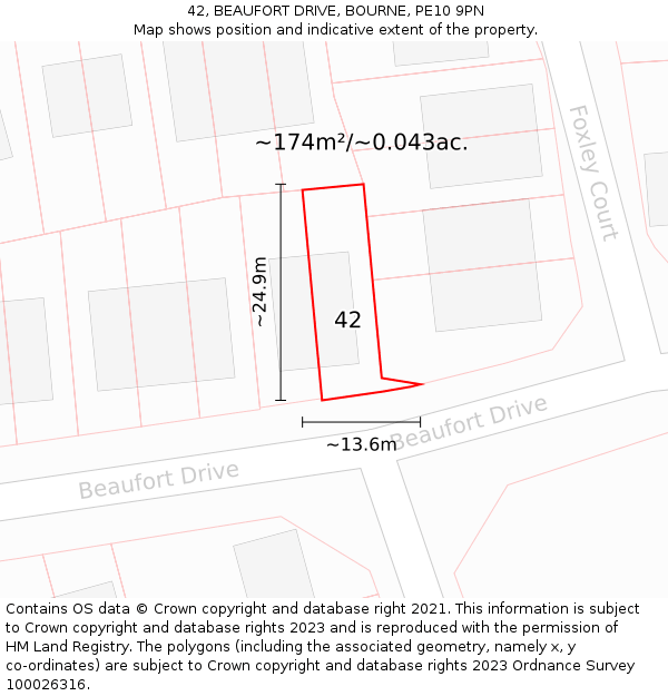 42, BEAUFORT DRIVE, BOURNE, PE10 9PN: Plot and title map