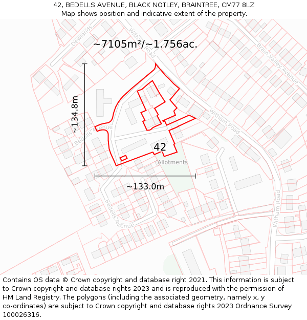 42, BEDELLS AVENUE, BLACK NOTLEY, BRAINTREE, CM77 8LZ: Plot and title map