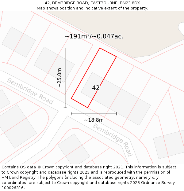 42, BEMBRIDGE ROAD, EASTBOURNE, BN23 8DX: Plot and title map