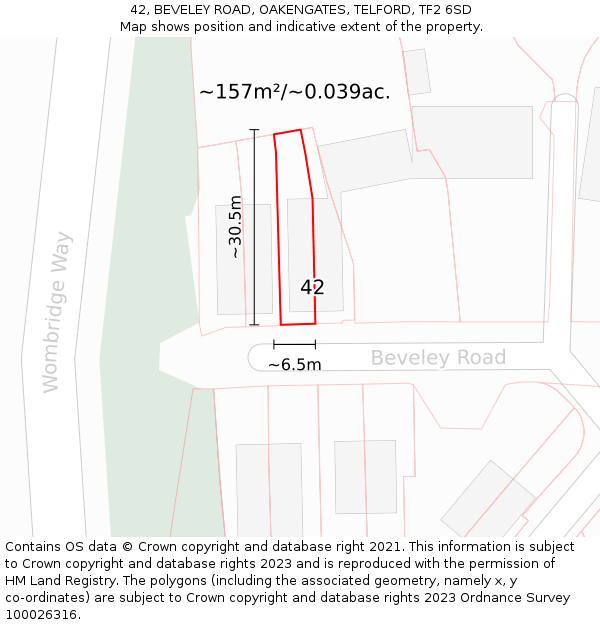 42, BEVELEY ROAD, OAKENGATES, TELFORD, TF2 6SD: Plot and title map