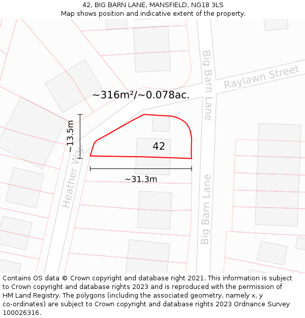 42, BIG BARN LANE, MANSFIELD, NG18 3LS: Plot and title map